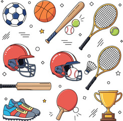 Sports Equipment Collection with Soccer Ball Basketball Tennis Racket Baseball Bat Helmet Table Tennis Paddle Trophy and Athletic Gear Icons