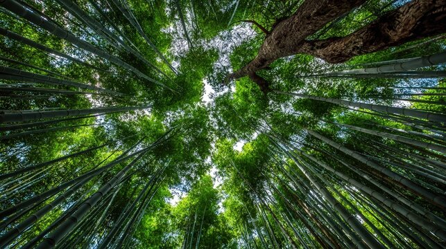 Upward view of tall bamboo forest canopy with dense green leaves and sunlight filtering through the towering stalks.