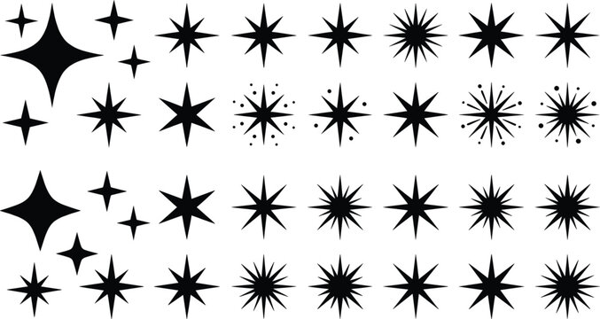 Starburst and sparkle icon illustration collection featuring four-pointed stars, multi-point bursts, decorative shining motifs vector design set