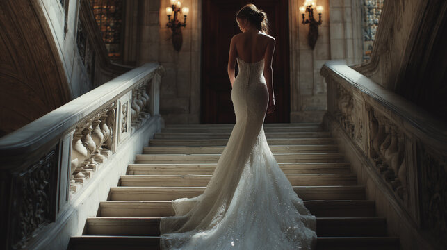 bride in elegant wedding gown walking through luxurious arch hallway, romantic bridal scene with long veil and flowing dress in grand corridor, cinematic wedding moment bride