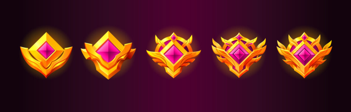 Rank level golden emblem set. Coat of arms, badges, pink gemstones. High quality vectors. Perfect for progress.w