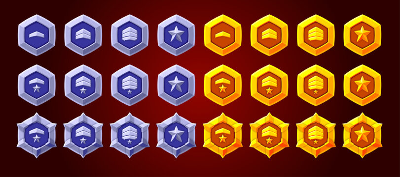 Rank badges collection. Silver and gold. High quality illustrations. Perfect for games.r