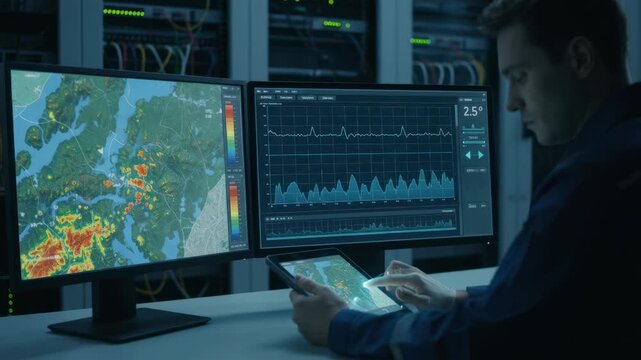 Technician using dual monitor setup to finetune antenna tilt based on AIdriven suggestions foreground displays clear interface while surroundings fade softly out of focus.