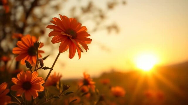 Orange flowers in sunlight with bokeh effect and blurred background
