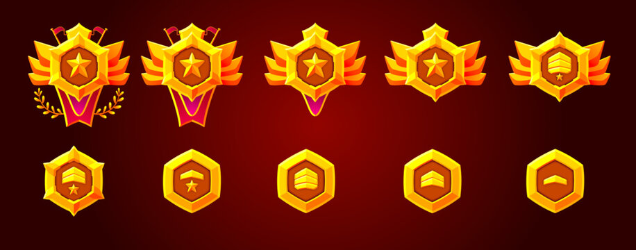 Rank level gold emblem set. Golden, gold. High quality vectors. Perfect for games.