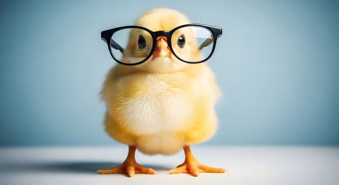 Cute chick wearing glasses on april fools day with humor and prankster fun