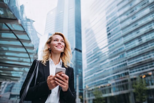 Confident businesswoman using smartphone outside modern glass office buildings in the city.