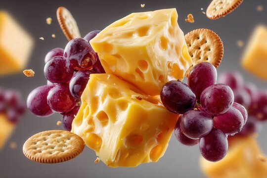 Floating cubes of Swiss cheese with red grapes and round crackers against a soft gray background, capturing a fresh gourmet snack concept.