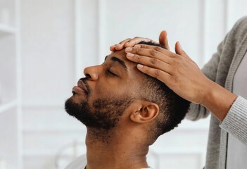 Black man receiving a professional head massage at a spa. Close up of a relaxed African American male getting a scalp treatment. Wellness and stress relief concept