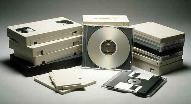 Low-key still life of obsolete computer storage media including VHS, floppy, and CD