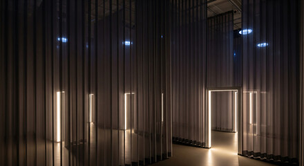 Naklejka premium Interior view of dark sheer curtains with vertical LED light strips defining doorways