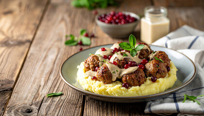 Naklejka premium Polpette svedesi servite con purè di patate, salsa alla panna e mirtilli rossi. Generative AI 