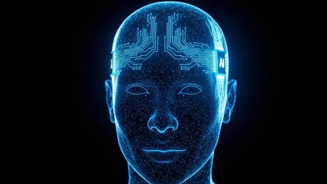 Glowing Blue Artificial Intelligence Brain Over Human Head Against Black Background Future Technology The Potential Of Ai Use In Tech Marketing