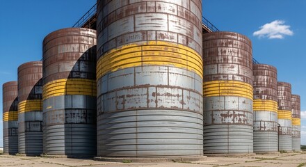 A row of corrugated metal agricultural or industrial silos under a bright blue sky. The silos feature yellow bands and weathered textures, showing signs of heavy use.