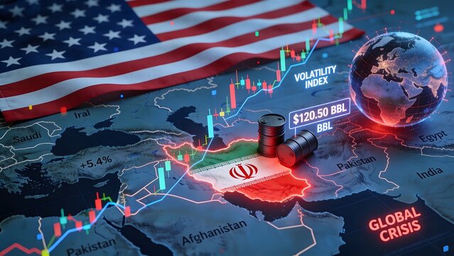 USA Iran Conflict Impact on Global Oil Market with Financial Charts American Flag and Geopolitical Energy Crisis Concept