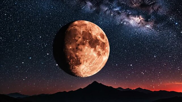 Epic nighttime view of a full moon in the vast starry sky over mountain silhouettes