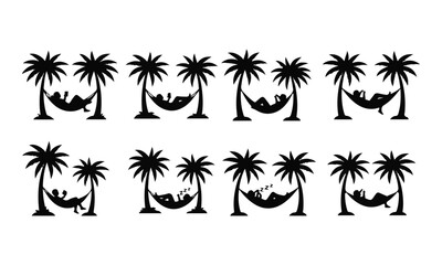 Obraz premium Set of Black Vector Silhouettes: People Relaxing in Hammocks with Palm Trees