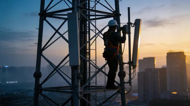 Technician securing antennas on a steel lattice cell tower at dusk city skyline softly blurred in the background creating a moody urban atmosphere.