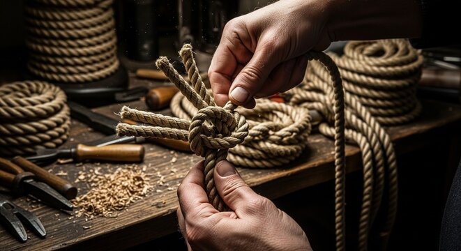 A warm, atmospheric shot of a person's hands skillfully working with natural rope on a wooden workbench filled with tools and wood shavings.