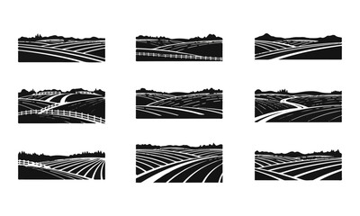 Set of Black and White Vector Illustrations of Agricultural Fields and Rural Landscapes © Mohit