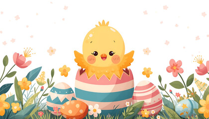 Fototapeta premium Cute Easter chick hatching from a striped pastel egg surrounded by spring flowers and decorated eggs, cheerful children’s holiday illustration with playful kawaii character, soft colors and clean copy