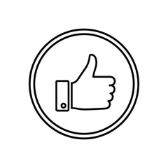 Obraz premium Minimalist black outline vector icon of thumbs up in circle, symbolizing approval, positive feedback, like reaction and social media support. Isolated on a transparent background