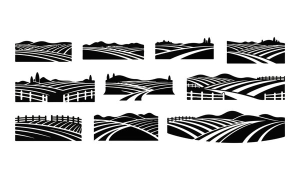 Set of Black and White Stylized Farm Field Landscape Vector Silhouettes