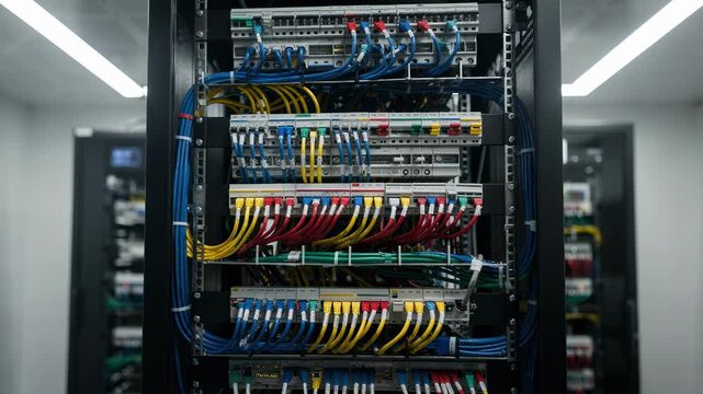Medium shot of a small office server room showcasing organized structured cabling racks with colorful patch panels sharply in focus and blurred background equipment.