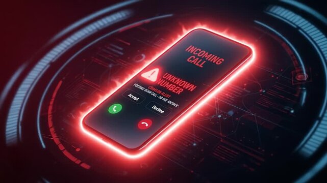 Incoming call alert smartphone screen unknown number warning digital interface red glow futuristic technology background call notification accept decline options cybersecurity mobile device