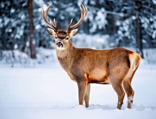 Majestic Red Deer Stag Standing Alert in a Serene, Snow-Covered