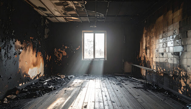 Empty burned room with single window, damaged apartment interior after house fire, charred black walls and ceiling