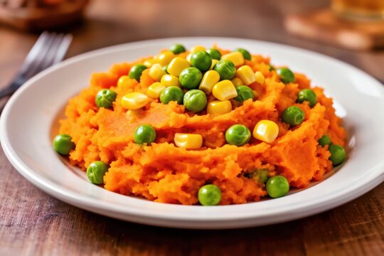 Traditional Kenyan Irio dish featuring savory sweet potato puree with fresh green peas and golden corn kernels served on white plate