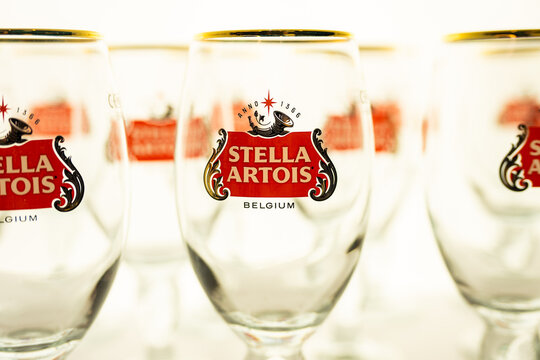 Lviv, Ukraine - March 10, 2026: A glass of Stella Artois, a traditional Belgian blond pilsner beer since 1926
