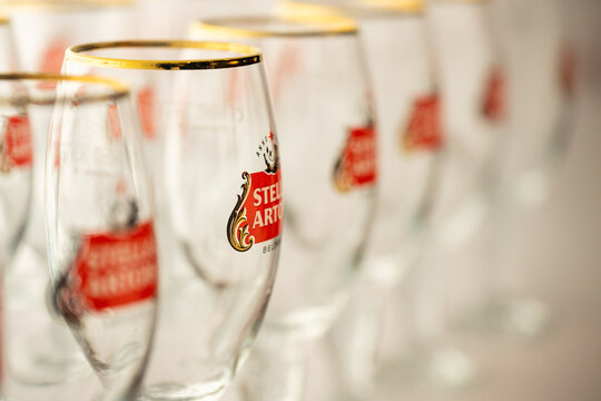 Lviv, Ukraine - March 10, 2026: A glass of Stella Artois, a traditional Belgian blond pilsner beer since 1926