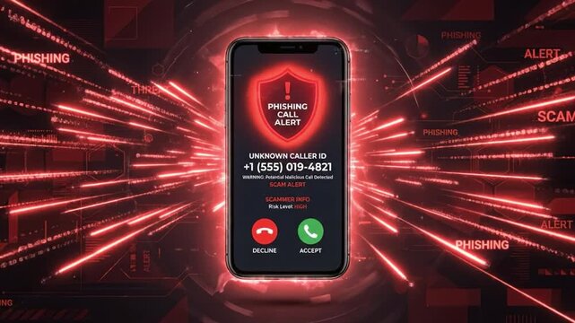 Phishing call alert on smartphone screen with unknown caller ID warning and red shield icon, digital threat and scam graphics, options to decline or accept call surrounded by glowing red lines
