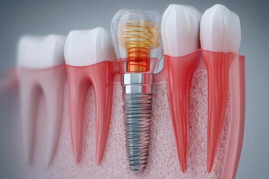 3D cross-section illustration of a dental implant integrated in jawbone between natural teeth and gums.