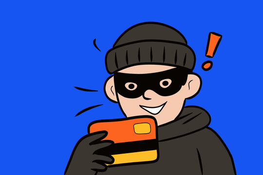 Cartoon burglar holding credit card illustration