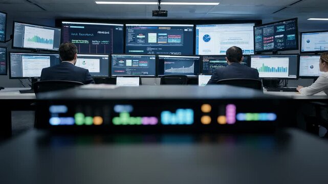 Focused middle shot of fiber backbone status panel presenting predictive alerts and data trends telecom monitoring center busy with unfocused operators in background.
