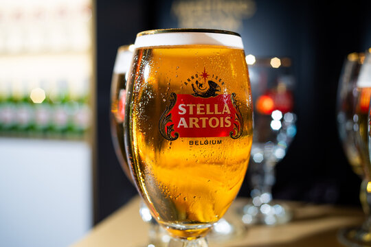 Lviv, Ukraine - March 10, 2026: A glass of Stella Artois, a traditional Belgian blond pilsner beer since 1926