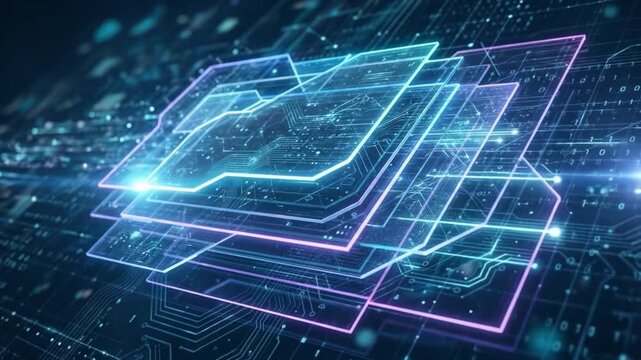 Digital folder icon futuristic interface glowing neon lines technology concept data storage virtual files circuit board background blue and purple light digital network abstract technology storage