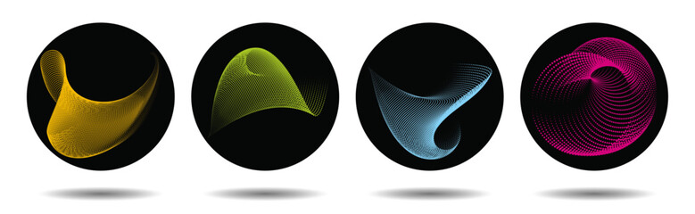 Abstract flowing particle dot waves &ndash; colorful spiral motion shapes in circular frames vector set. halftone.
