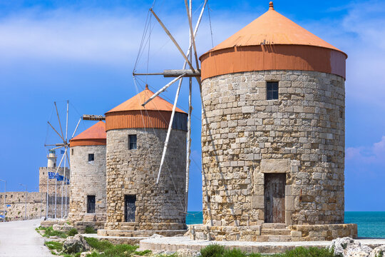 Windmills and yachts at Mandraki Harbor, Rhodes