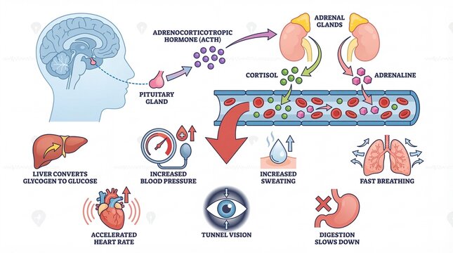 Detailed Colorful Diagram of Physiological Responses to Stress on Human Body