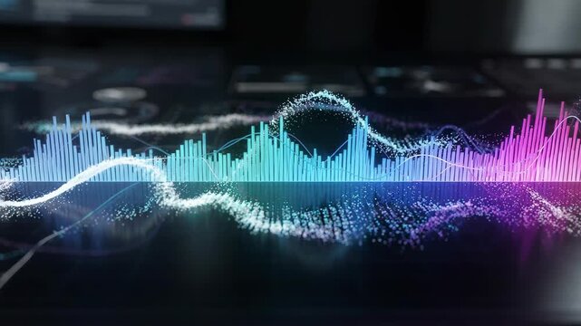 Medium shot capturing a spectrum analysis dashboard highlighting live frequency bands and signal interference patterns with the dashboard in sharp focus and the surroundings softly