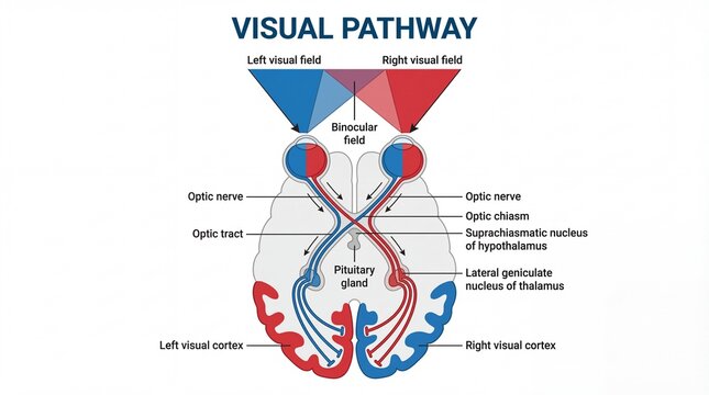 Informative Detailed Visual Pathway Diagram of the Human Brain Illustration