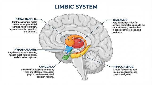 Detailed Medical Illustration of The Human Brain Limbic System Anatomy