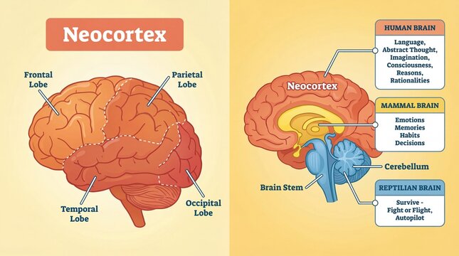 Colorful Diagram of Human Brain Anatomy and Function, Neocortex and Brainstem