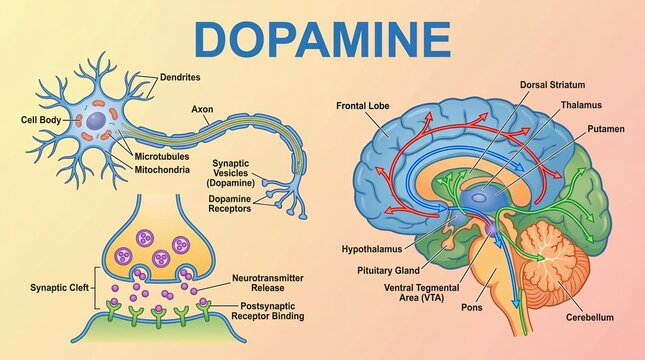 Detailed Colorful Diagram of Dopamine Neurotransmission and Brain Structures Illustration