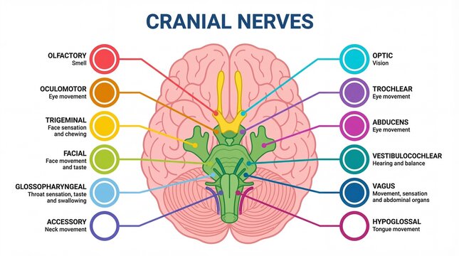 Colorful Detailed Cranial Nerve Diagram Illustrating Brain Anatomy for Educational Purpose