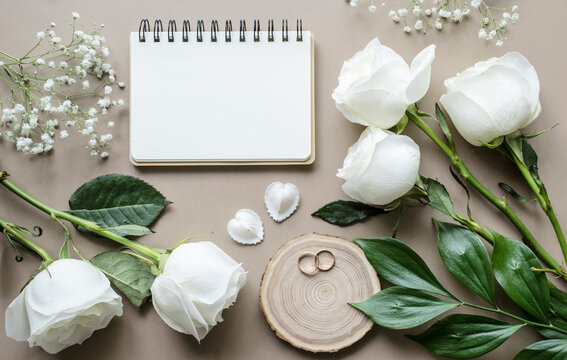 Romantic mockup with flowers and a notebook on a beige background.